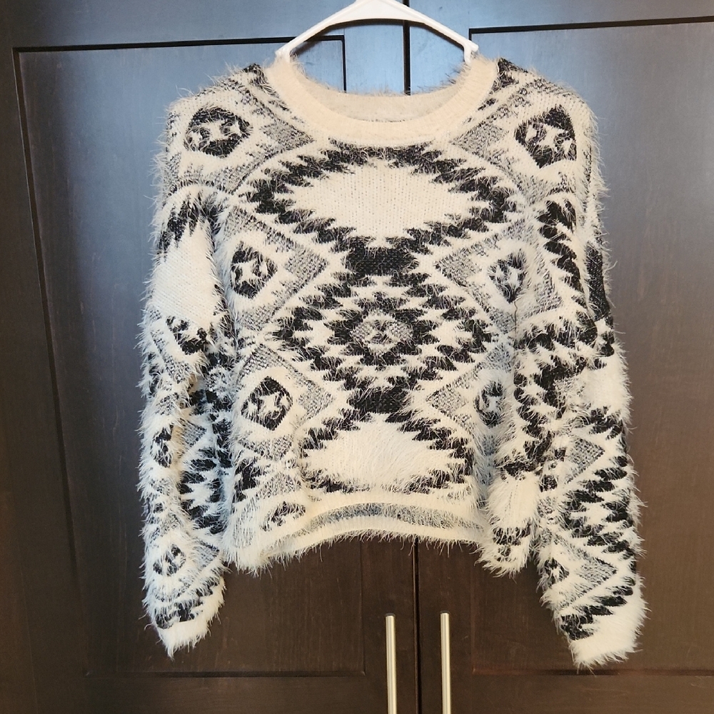 Aqua Black and White Geometric Sweater